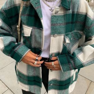 Classic Thick Colorblock Checked Button Down Shirt Jacket Woolen