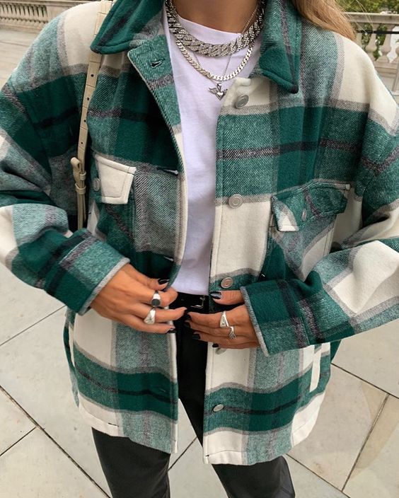 Classic Thick Colorblock Checked Button Down Shirt Jacket Woolen