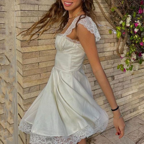 Sweet Cap Sleeve Ruched White Lace Party Mini Dress With Lace Edge