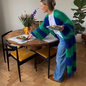 Furry Multi Stripes Chunky Knit Slouchy Long Cardigan Lantern Sleeve Coat